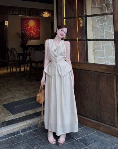 SET LINEN CỔ VEST ĐÍNH HOA - SANG XỊN MỊN NỮ