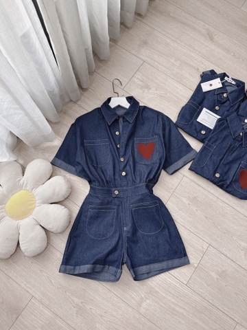 SET JEANS GIẤY JUM THÊU TIM TAY GẤU LV SẴN