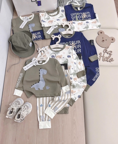 SET 3 BỘ DÀI TAY KHỦNG LONG TONE BE RÊU XANH THAN BÉ TRAI