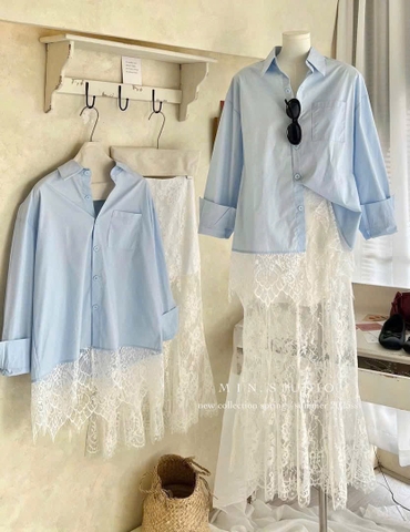 SET ÁO XANH PHỐI CHÂN VÁY REN TRẮNG NỮ