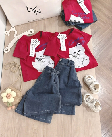 SET ÁO PHÔNG ĐỎ MÈO QUẦN BÒ BÉ GÁI
