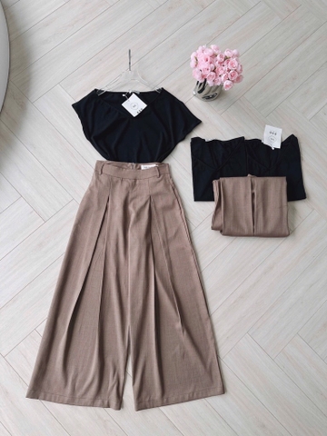 SET NÂU QUẦN LI ỐNG RỘNG MIX ÁO TIM LỆCH VAI NỮ SẴN (SALE 160k)