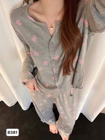 SET BỘ PIJAMA XÁM VIỀN BÈO NƠ NỮ