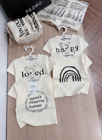 SET 4 ÁO PHÔNG CỘC TAY LOVED HAPPY MÀU BE BÉ TRAI BÉ GÁI SẴN (SALE 89k )