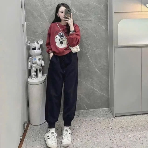 BỘ NỈ ÁO ĐỎ CHOA QUẦN ĐEN NỮ