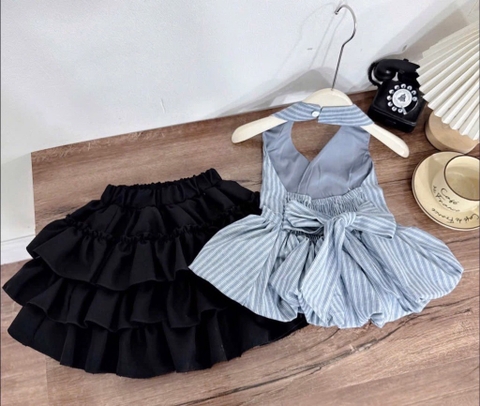 SET BỘ ÁO YẾM THẮT NƠ CHÂN VÁY BỒNG BÉ GÁI