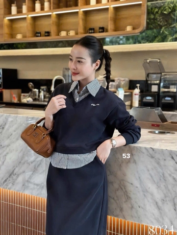 SET HAI DA PHỐI CỔ SƠ MI CHÂN VÁY NỮ THU ĐÔNG
