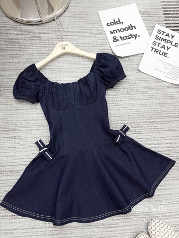 VÁY JEAN DENIM DÁNG XOÈ ĐÍNH 2 NƠ