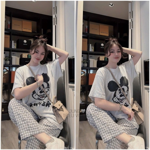 SET BỘ ÁO PHÔNG MICKEY QUẦN KẺ XÁM CHO NỮ