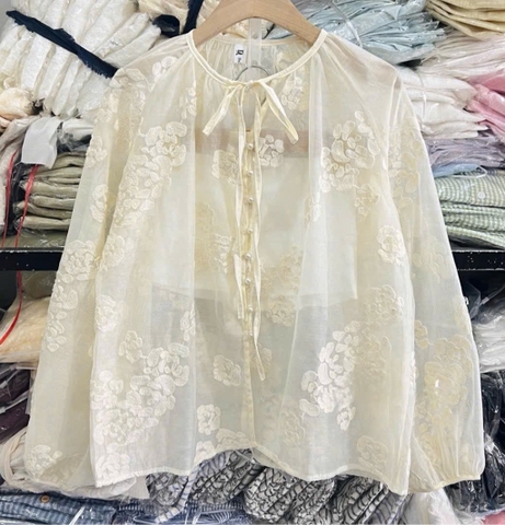 ÁO HOA QC CỔ BUỘC NƠ NỮ SẴN
