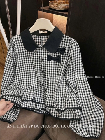 ÁO BABYDOLL KẺ ĐEN NƠ CỔ NHUNG NỮ THU ĐÔNG