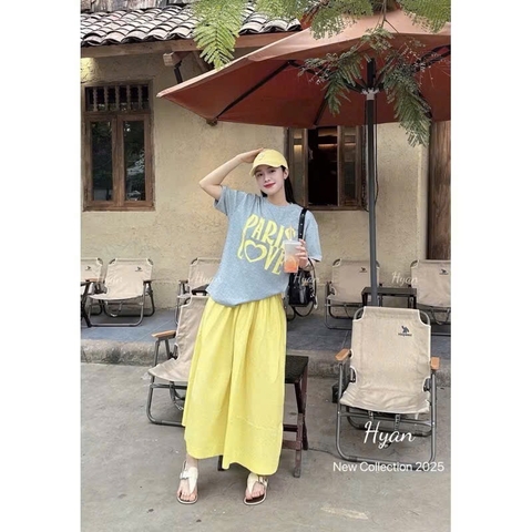 SET ÁO COTTON XÁM PARIS LOVE CHÂN VÁY VÀNG NỮ