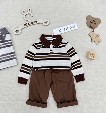 SET BỘ DÀI ÁO POLO KẺ NÂU QUẦN SUÔNG NÂU BÉ TRAI