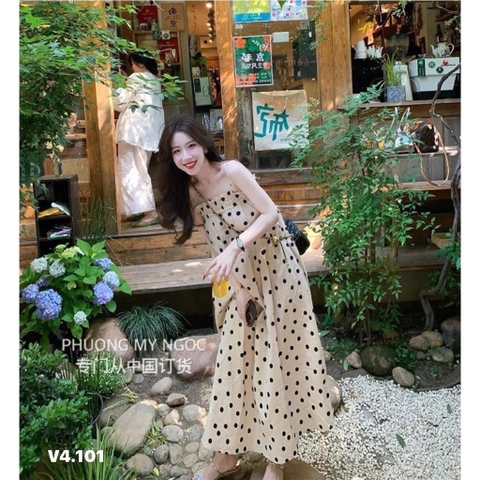 VÁY MAXI HAI DÂY CHẤM BI NỮ SẴN( SALE 95k)