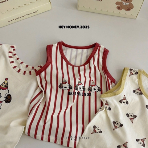 SÉT 3 BỘ COTTON BA LỖ COVER HEYHONEY CÚN BEST FRIEND TONE KẺ ĐỎ CHO BÉ NEW BÉ TRAI