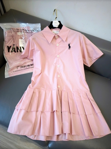 VÁY HỒNG CỔ SƠ MI THÊU NGỰA NỮ SẴN (XẢ 95k)