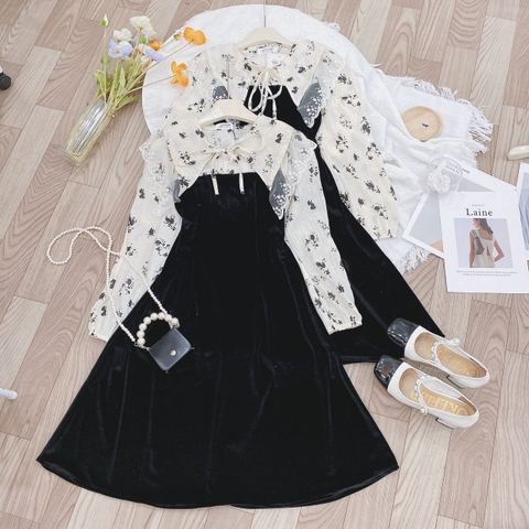 VÁY NHUNG DÁNG DÀI HOA TƠ CỔ REN (Xả 89K)