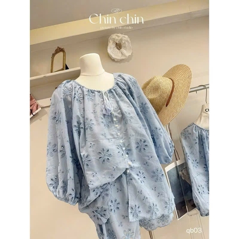 SET BỘ BÈO XANH DƯƠNG HOẠ TIẾT HOA NỮ
