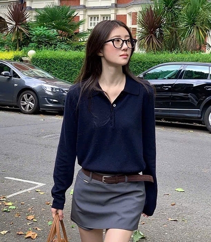 ÁO LEN TRƠN ZÀ ZÁ POLO XANH THAN DÀI TAY NỮ THU ĐÔNG