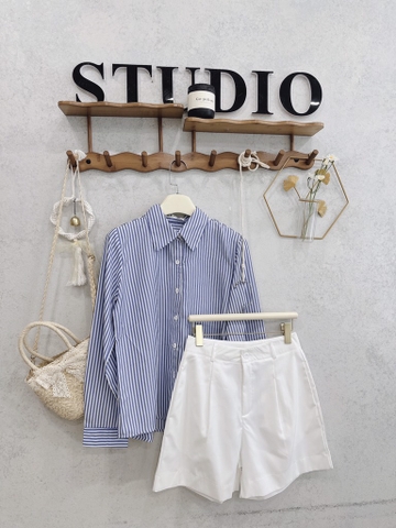 SET ÁO KẺ XANH MIX SHORT LI GẤU TO NỮ SẴN