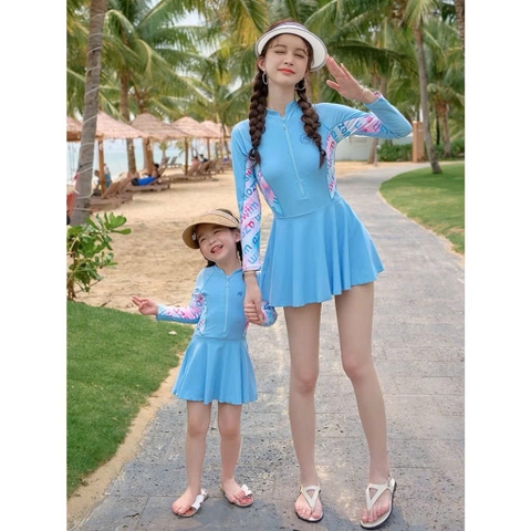 ĐỒ BƠI - BỘ BƠI LIỀN VÁY XANH DƯƠNG CHO MẸ VÀ BÉ GÁI