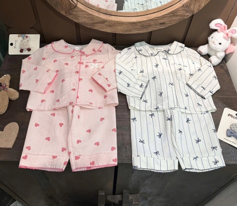 SET 2 BỘ DÀI PIZAMA NƠ TIM BÉ GÁI