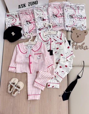 SET 2 BỘ PIJAMA DÀI TONE KẺ HỒNG HELLO KITTY BÉ GÁI SẴN