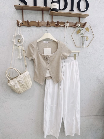 SET LEN HÀN MỎNG ÁO PHỐI MIX DÂY CÁCH ĐIỆU KÈM QUẦN NỮ