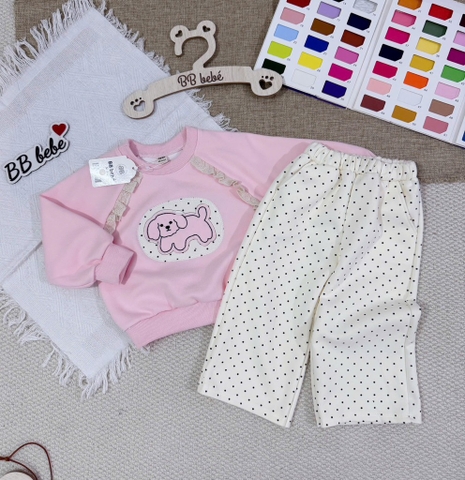 SET DÀI NỈ HAI DA CÚN HỒNG CHẤM BI BÉ GÁI