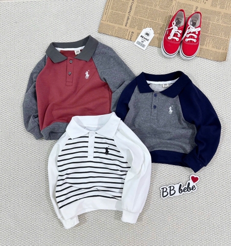 SET 3 ÁO NGỰA DÁNG BOM CỔ TRỤ DÀI TAY BÉ TRAI SẴN