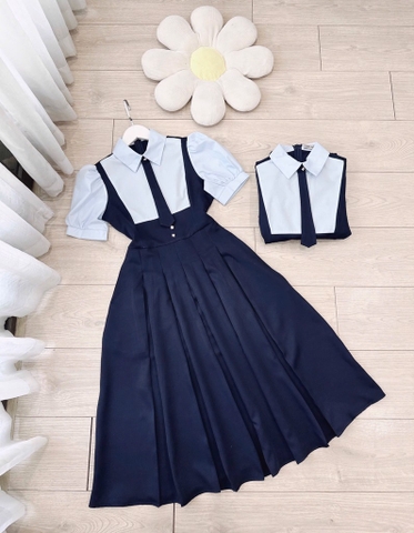 VÁY PHỐI CỔ VUÔNG XẾP LI TAY BỒNG MIXX CÚC CỎ 4 LÁ NỮ SẴN