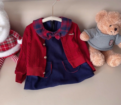 SET DÀI VÁY DẠ KÈM ÁO LEN CARDIGAN ĐỎ BÉ GÁI SẴN