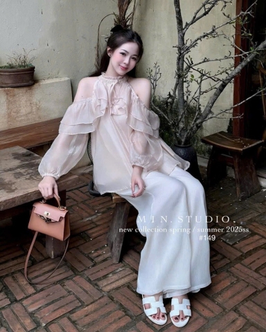 SET ÁO TƠ TRỄ VAI QUẦN SUÔNG TRẮNG NỮ