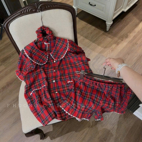 SET BỘ KẺ ĐỎ VIỀN REN CỘC NỮ