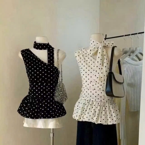 ÁO CHẤM BI LỆCH VAI CHO NỮ