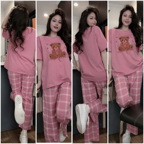 SET BỘ HỒNG GẤU QUẦN KẺ NỮ