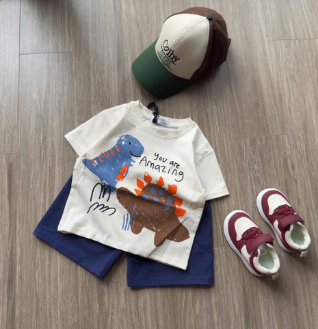 BỘ KHỦNG LONG ÁO COTTON QUẦN CỘC BÉ TRAI SẴN