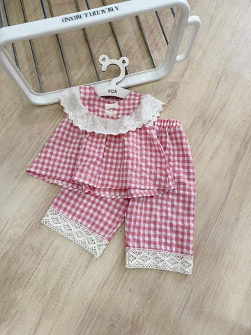 SET KẺ CARO HỒNG VIỀN BÈO BÉ GÁI (xả 39k)