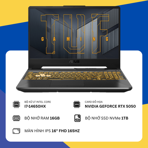 Laptop ASUS TUF Gaming F16 FX608JHR (i7-14650HX / 16GB RAM / 1TB SSD / NVIDIA GeForce RTX 5050 / Màn 16 inch FHD+ 165Hz)