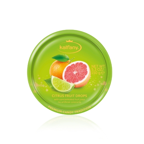 Kẹo hoa quả ngậm KALFANY – Vị Cam chanh bưởi – Hộp thiếc 150g
