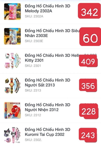 XẢ từ 50 cái--Đồng hồ chiếu hình (melody, siêu nhân, hello kitty, người sắt, người nhện, kurumi tai cụp)