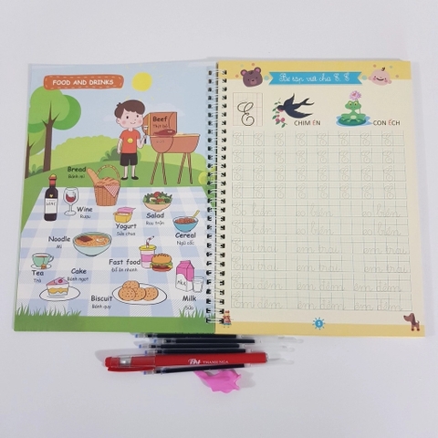 Vở luyện viết chữ hoa, chữ ghép tự bay mực kèm tiếng anh có file nghe tặng kèm 1 bút 5 ngòi và 1 cá