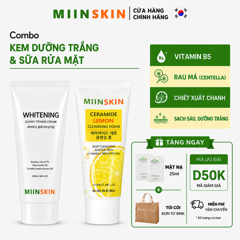 Combo Kem dưỡng trắng nâng tone + sữa rửa mặt chiết xuất chanh Miinskin