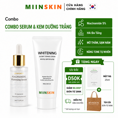 Combo dưỡng trắng da Serum Miinskin 5% Niacinamide + Kem dưỡng trắng nâng tone 70ml