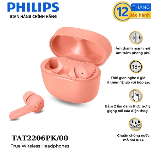 Tai nghe Bluetooth PHILIPS TAT2206PK- Hàng chính hãng- Hồng