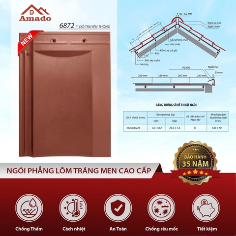 Ngói phẳng lõm AMADO - 6872 -màu Đỏ truyền thống