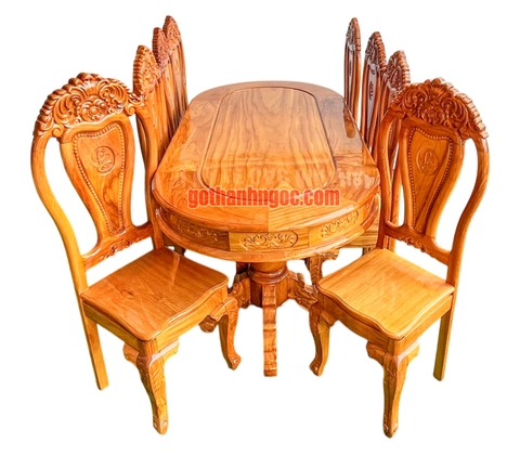 Bộ bàn ăn 8 ghế gỗ bên BA11 chạm lá tây và chữ Lộc
