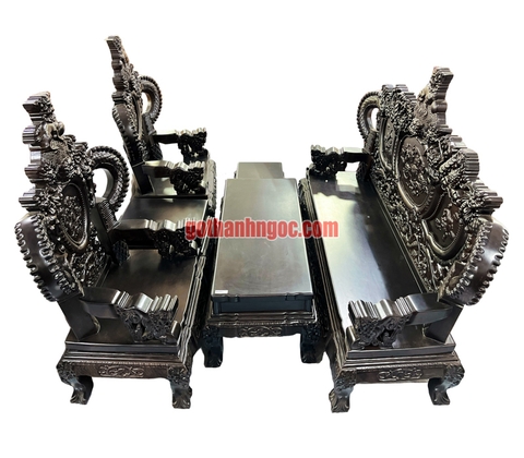 Salon nghê đỉnh tay khuỳnh mặt 5cm gỗ mun 6 món