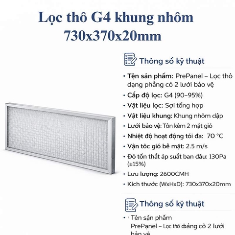 Lọc thô G4 khung nhôm 730x370x20mm