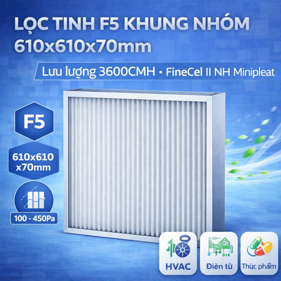 Lọc tinh F5 khung nhôm 610x610x70mm